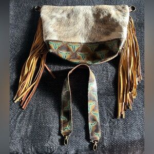Turquoise Bulls Fringe Leather Shoulder Bag